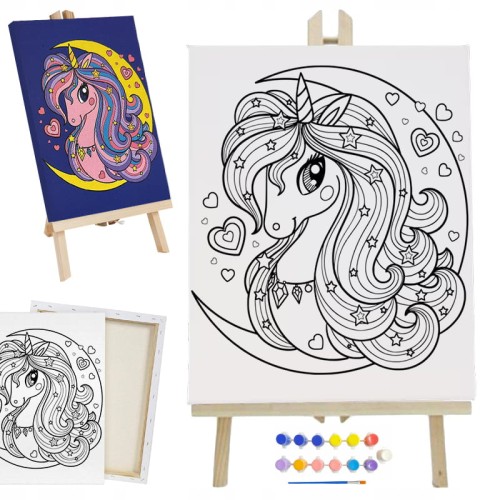 Zestaw do malowania sztaluga + płótno + farby, kolorowanka jednorożec