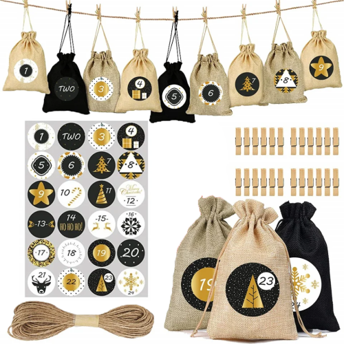 Kalendarz adwentowy DIY 24x torebki woreczki jutowe kompletny ZESTAW