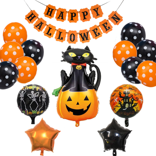Zestaw dekoracji na Halloween girlanda balony - dynia z kotem
