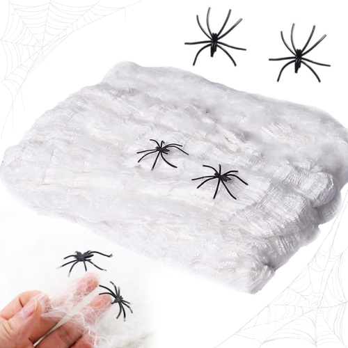 Pajęczyna biała sztuczna dekoracja na Halloween 60g + dwa pająki
