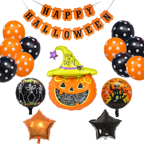 Zestaw dekoracji na Halloween girlanda balony - dynia z czapeczką