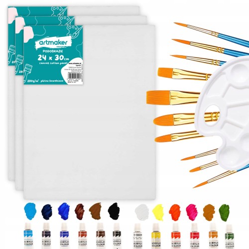 Zestaw malarski do malowania na płótnie z farbami, pędzlami i paletką