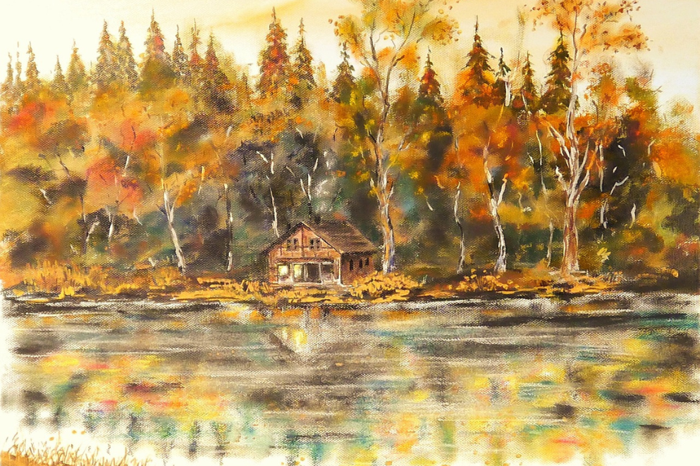 Dom nad jeziorem namalowany przy pomocy farb akrylowych